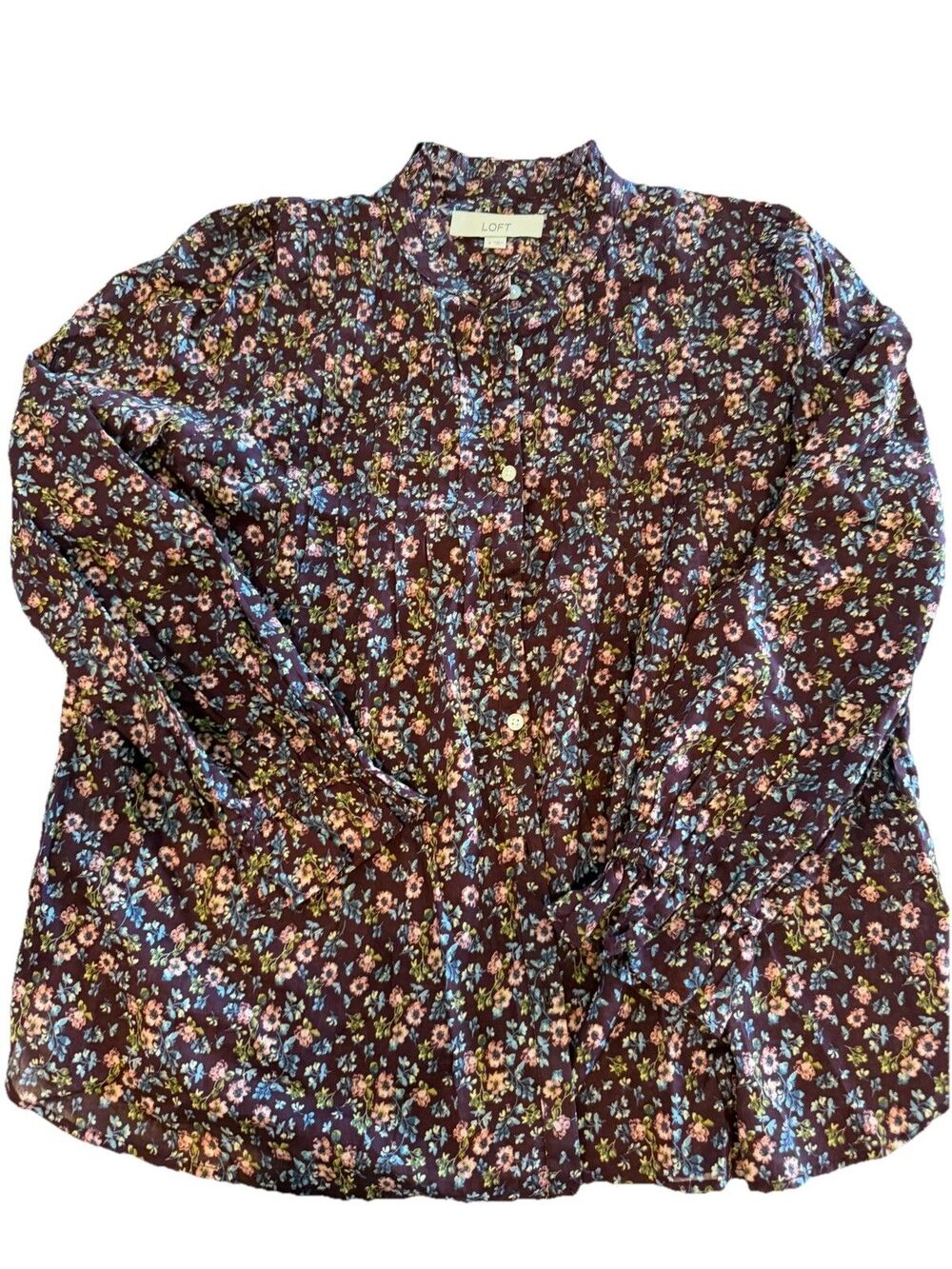 LOFT Floral Button-Down Collared Blouse Long Sleeve 100% Cotton Size S